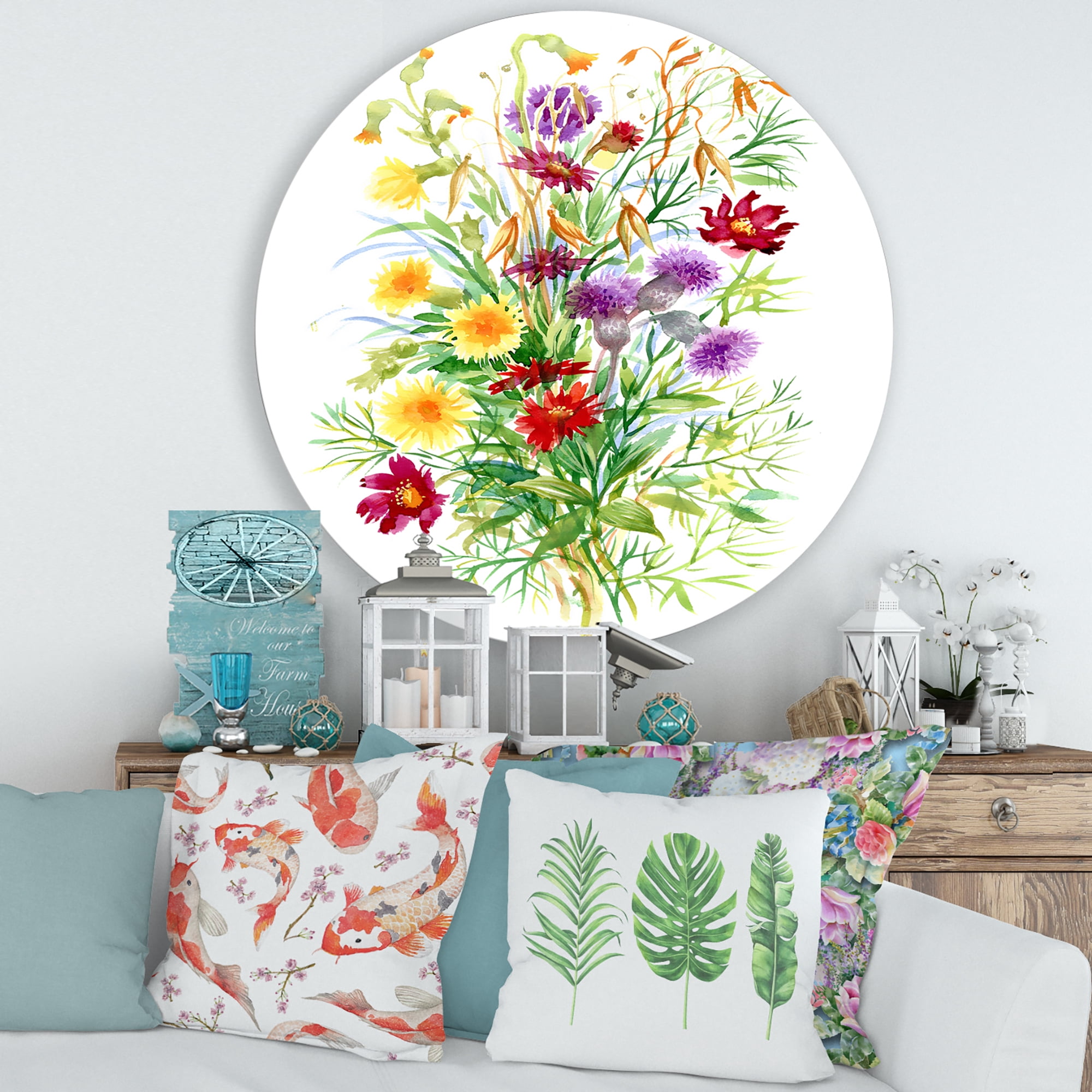 Designart 'Colorful Bouquet Of Wildflowers In Nature' Farmhouse Circle Metal Wall Art 29x29 - Disc of 29