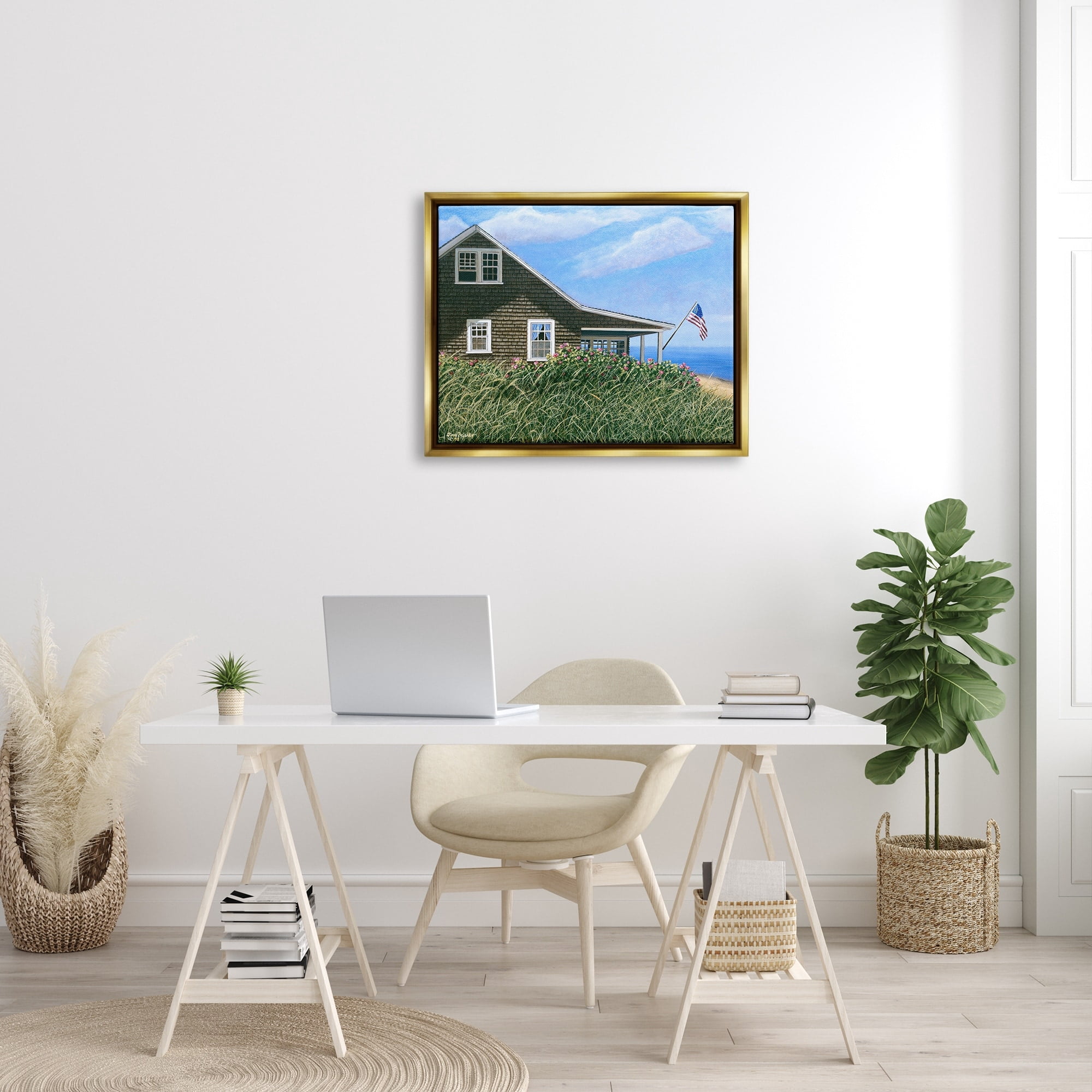 Stupell Industries Seaside House American Flag Peaceful Coastal Home Painting Metallic Gold Floating Framed Canvas Print Wall Art, Design by Tom Mielko