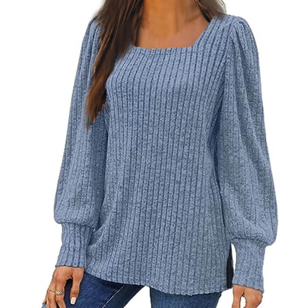 Jsaierl Mujeres Casual Puff Camisas de Manga Larga 2025 Otoño Moda Side Split Cuello Cuadrado Tops Loose Fit Dressy Túnica Blusas