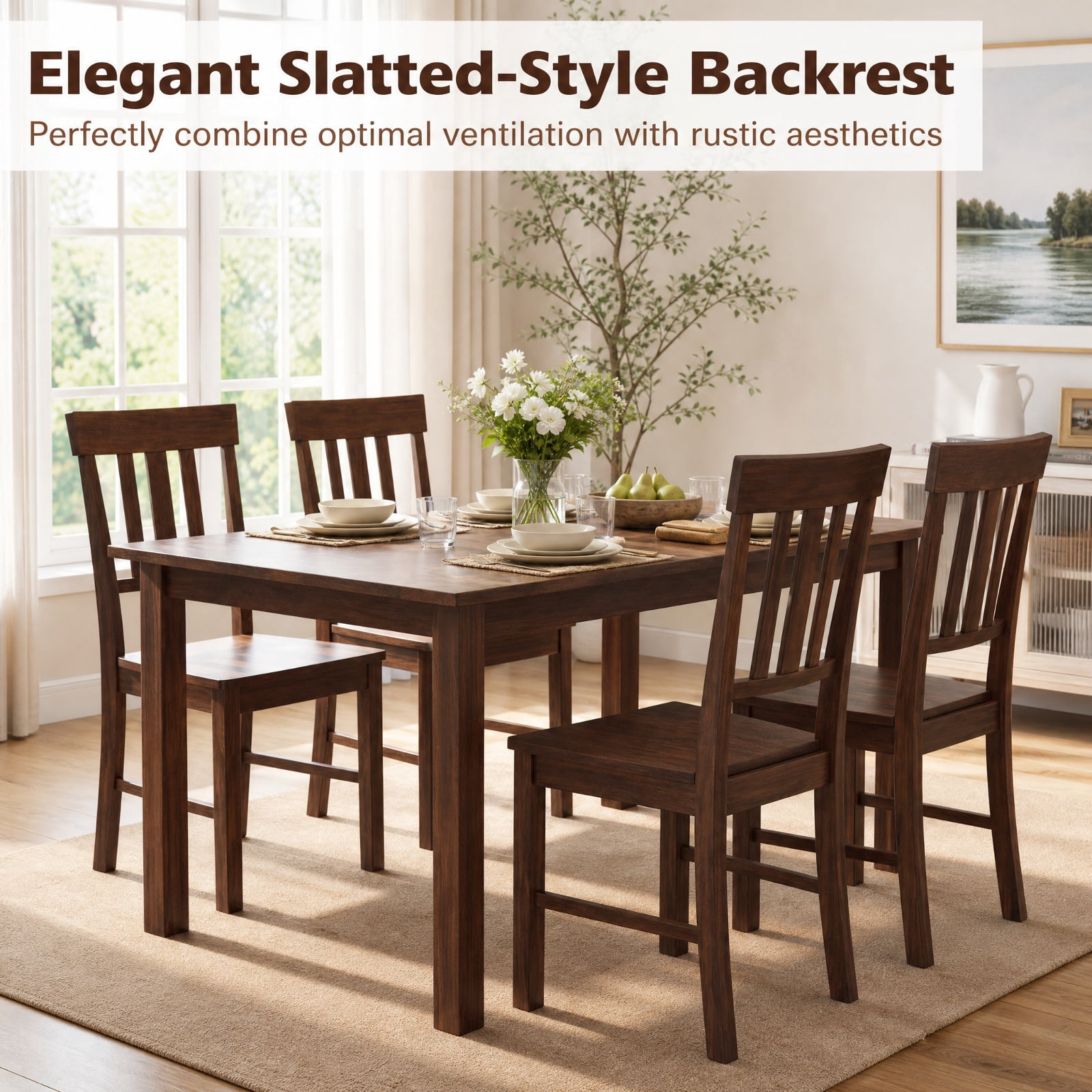 Furnibear Rubber Wood Dining Chairs Set of 2 with High Slat Backrests for the Dining Room Kitchen Study and Reception Room, Brown