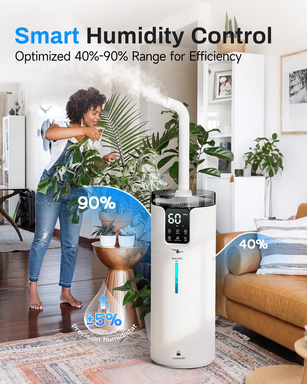 Lacidoll Smart Large Room 4.2 gal, Whole house Humidifier for Home 1500 sq.ft , Ultrasonic Cool Mist Humidifiers for Bedroom with App & Alex Control, White