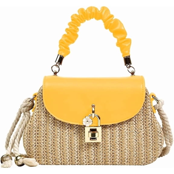HMSHA Women Straw Crossbody Bag Leather Top Handle Straw Handbag Summer Straw Beach Bag Weave Shoulder Bag Rattan Clutch Purse
