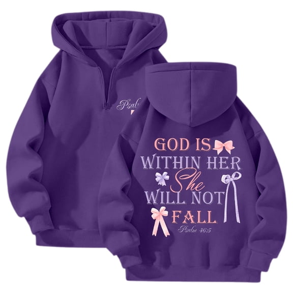 Womens Christian Hoodies Quarter Zip Bow Print Oversized Hooded Sweatshirt Long Sleeve Drop Shoulder Tops Casual Purple XXXL
