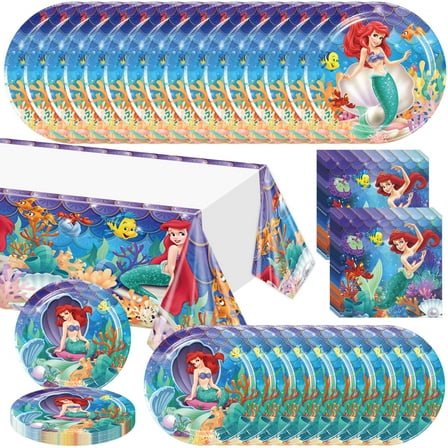 61 PCS PCS Mermaid Birthday Party Supplies, Princess Ariel Tableware Set Includes 40 PCS Plates, 20 PCS Napkins, 1 Tablecloth, for Boys Girls Birthday Party Baby Shower Decorations