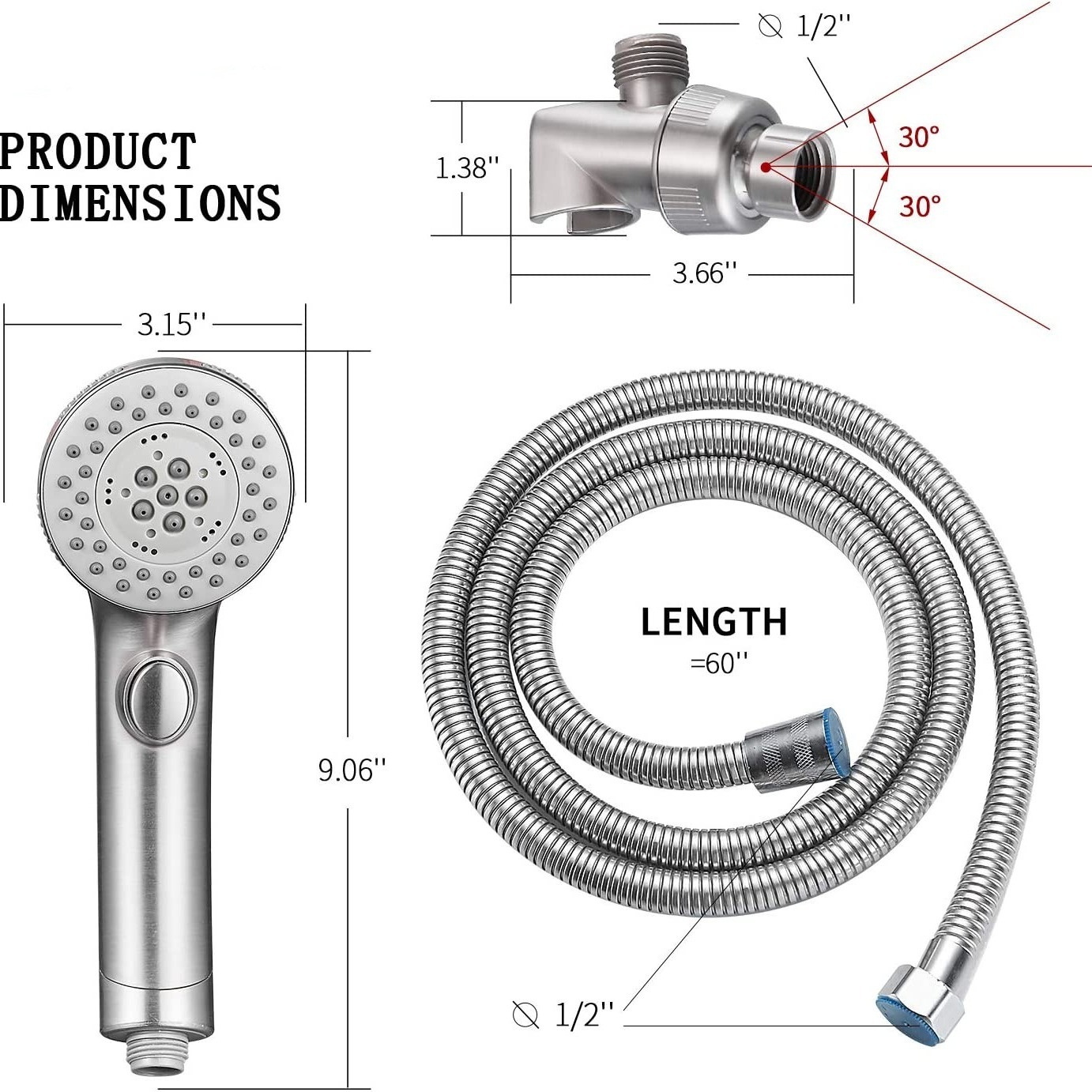 GoldenCC 1pc Shower Head With ON/OFF Switch High Pressure 6 Functions Stainless Steel Shower