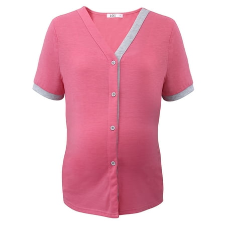 

Maternity Nursing Tops Short Sleeve Button Down Breastfeeding T-Shirts V Neck Color Block Tee for Women S-3XL