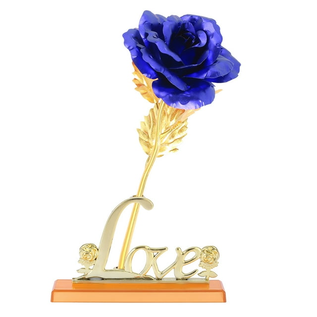 Nikou Longue Tige Rose trempée dans Un Cadeau en Or, Feuille d'or 24K Fleur Artificielle Rose Saint Valentin Cadeau Romantique pour la décoration de Table à la Maison(Bleu)