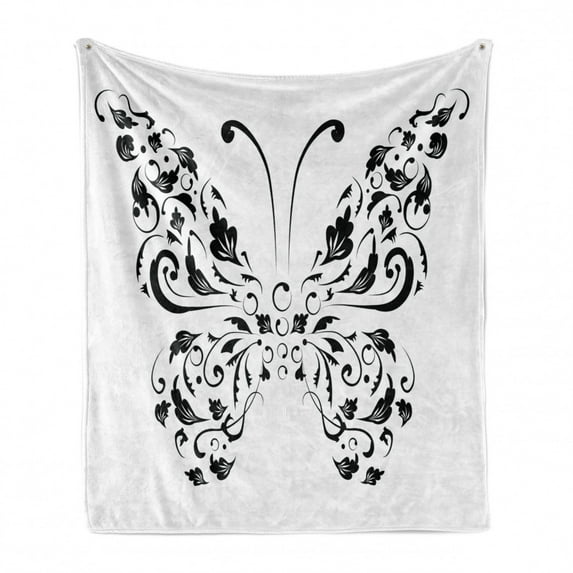 Butterfly Soft Flannel Fleece Throw Blanket, Silhouette of Moth with Swirl Floral Blossom Line Animal Illustration, Cozy Plush for Indoor and Outdoor Use, 70" x 90", Black and White, by Ambesonne