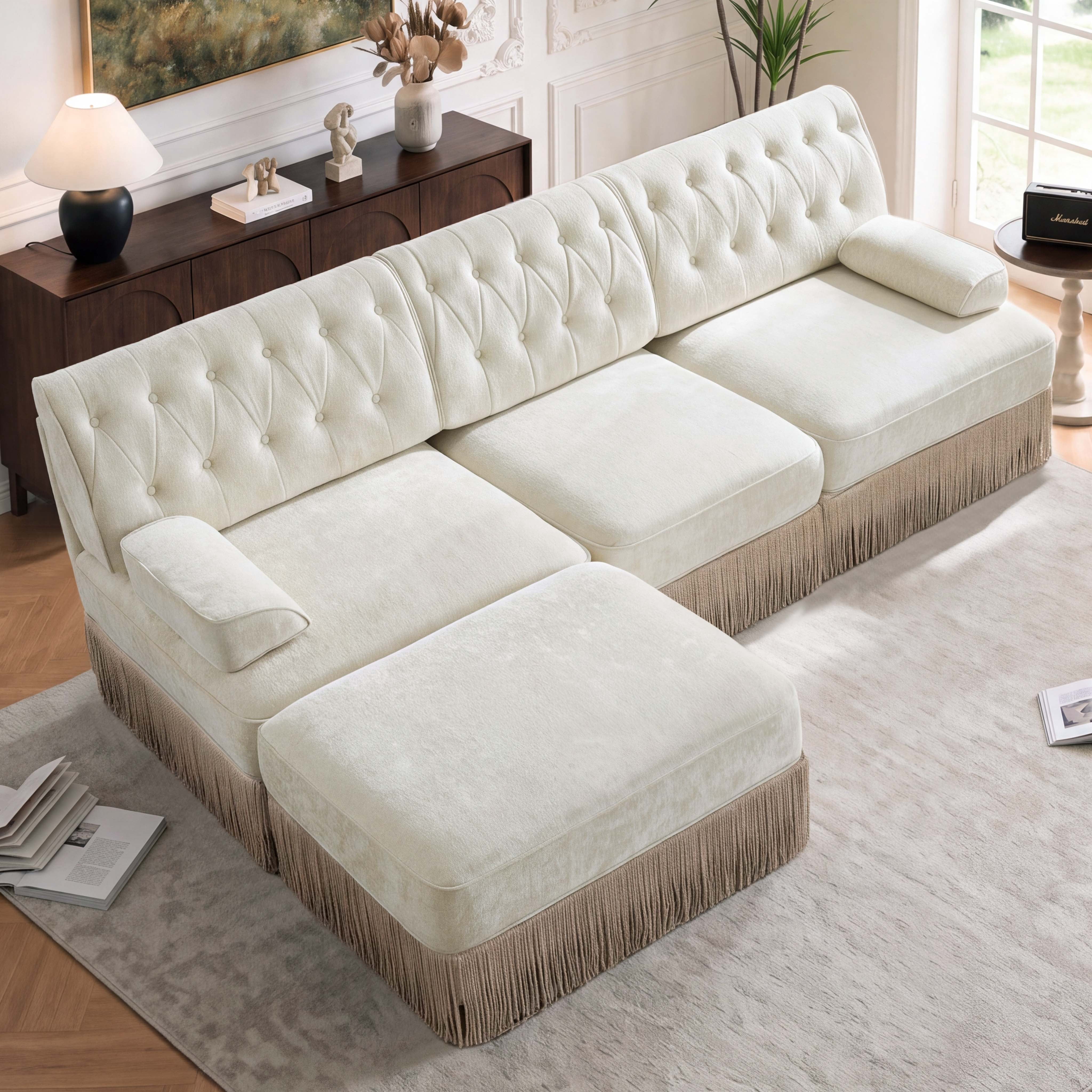 106" Chesterfield 3 Seater L-Shaped Modular Sectional Sofa Set with Ottoman and Tassel Skirt, Easy to Assemble