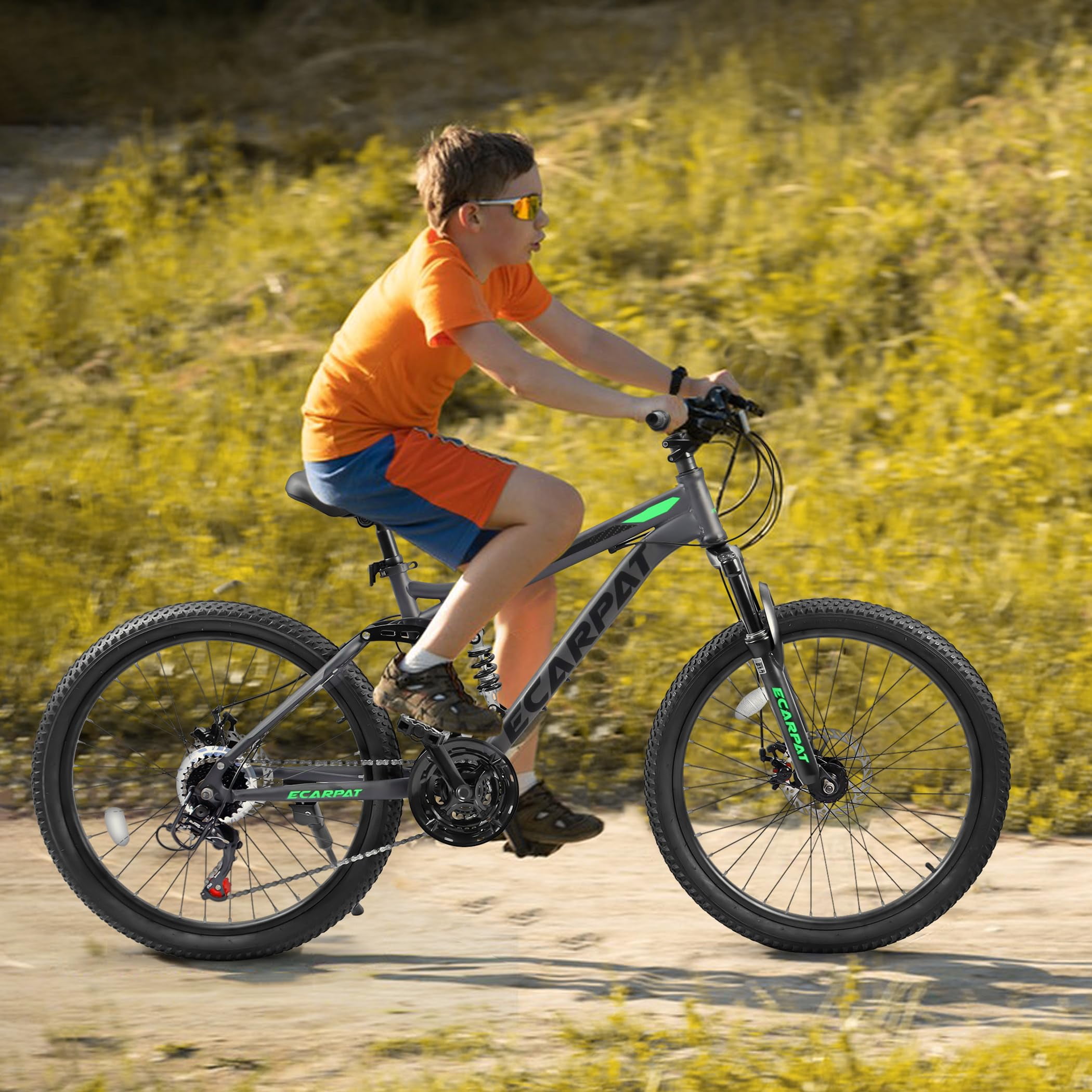 POVANLI  24 Inch Mountain Bike,Dual Full Suspension, Carbon Steel Frame Mountain Bike for Men Women, Go to Work with 21-Speed Disc Trail Commuter City Ages 12+, Gift(Black)