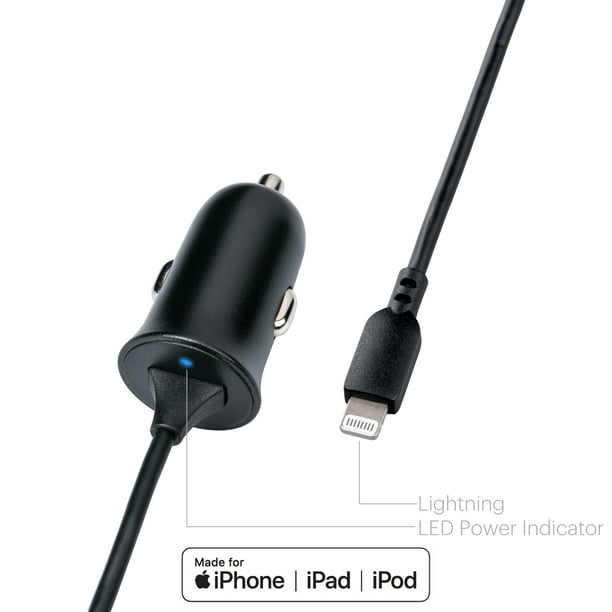 onn. Lightning Connector Car Charger with 5V 12W 3 ft Cable, Black