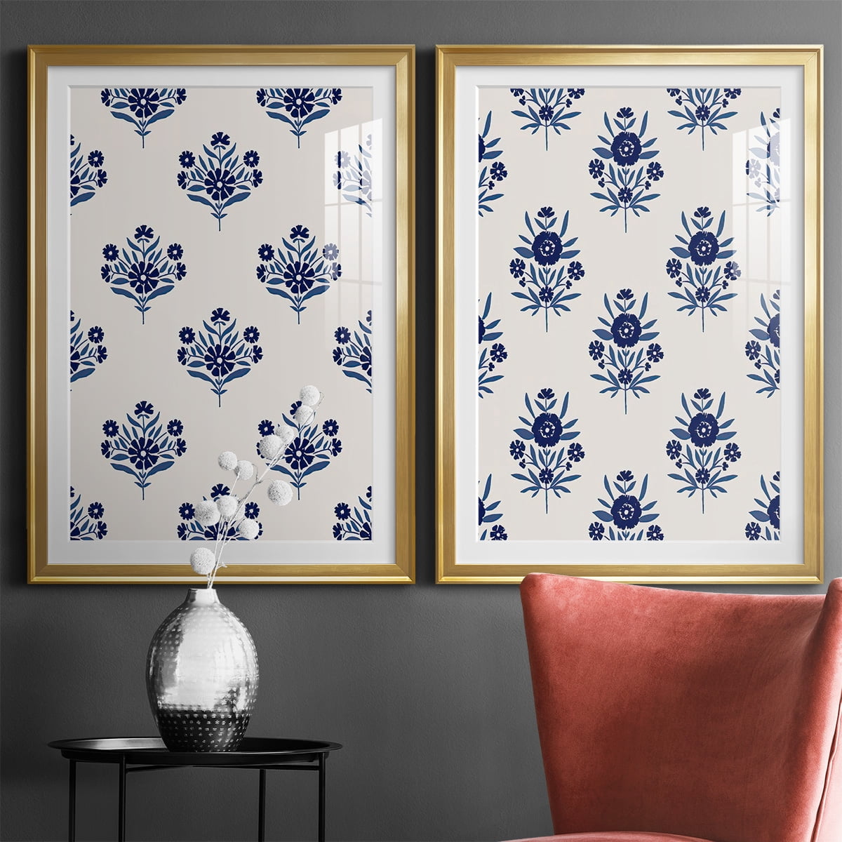 Wexford Home Indigo Bloom Pattern I Premium Framed Print, 18.5" x 24.5" - Ready to Hang, Gold (Set of 2)