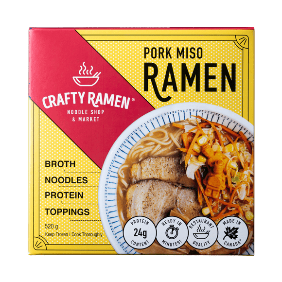 Pork Miso Ramen Ramen congelé de qualité restaurant - 520g, 24g de protéines par portion. Comprend: bouillon, nouilles, protéine, garnitures. Prêt en quelques minutes.