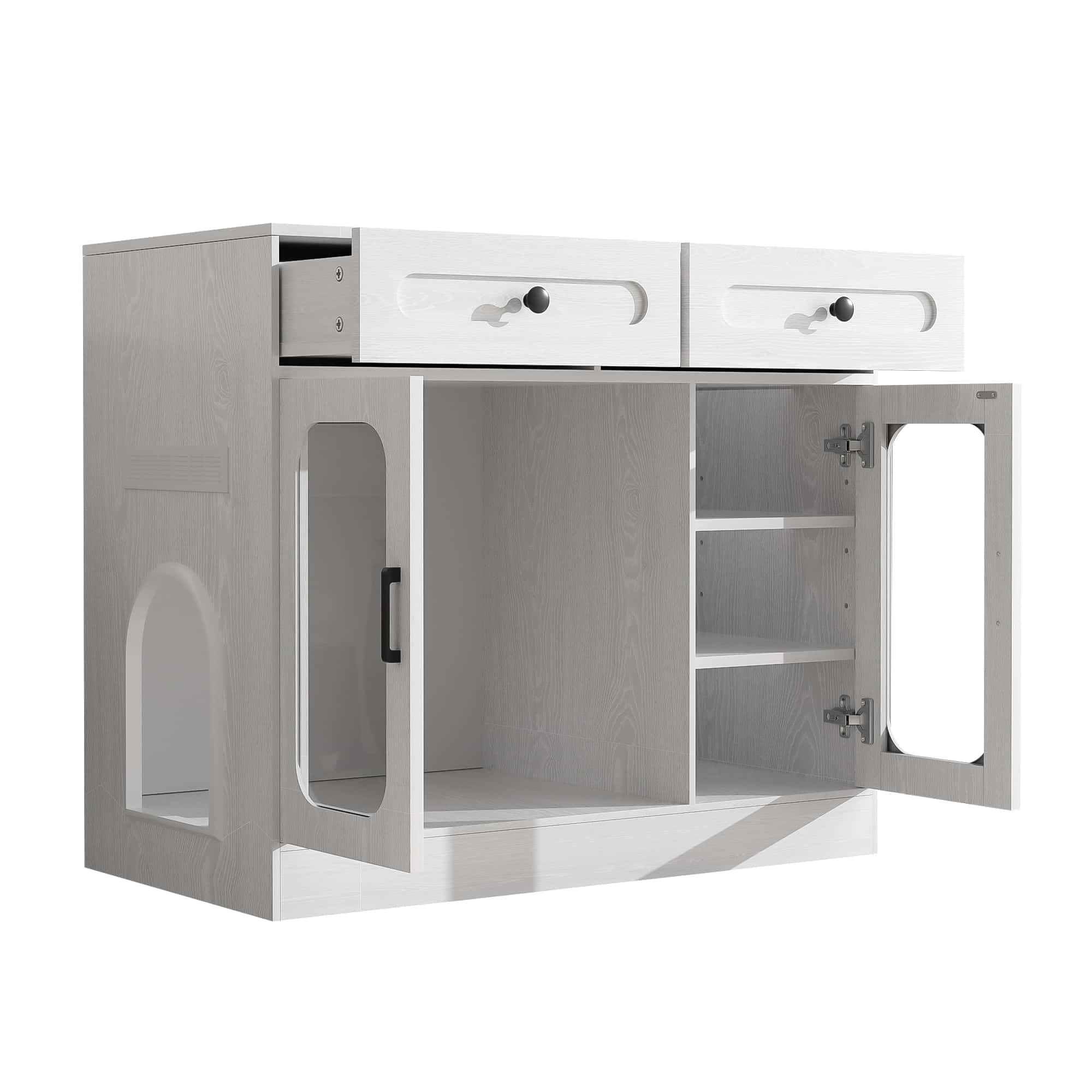 Cat Litter Box Enclosure with Glass Door and Side Access, Hidden Kitty Cabinet with Storage Drawers and Built-in Light, Indoor Cat House Side Table, White