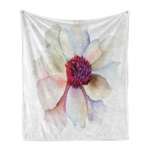 Watercolor Soft Flannel Fleece Throw Blanket, Flower Blossom Artwork with Tender Petals Romantic Dreamlike Garden Plants, Cozy Plush for Indoor and Outdoor Use, 60" x 80", Fuchsia Cream, by Ambesonne