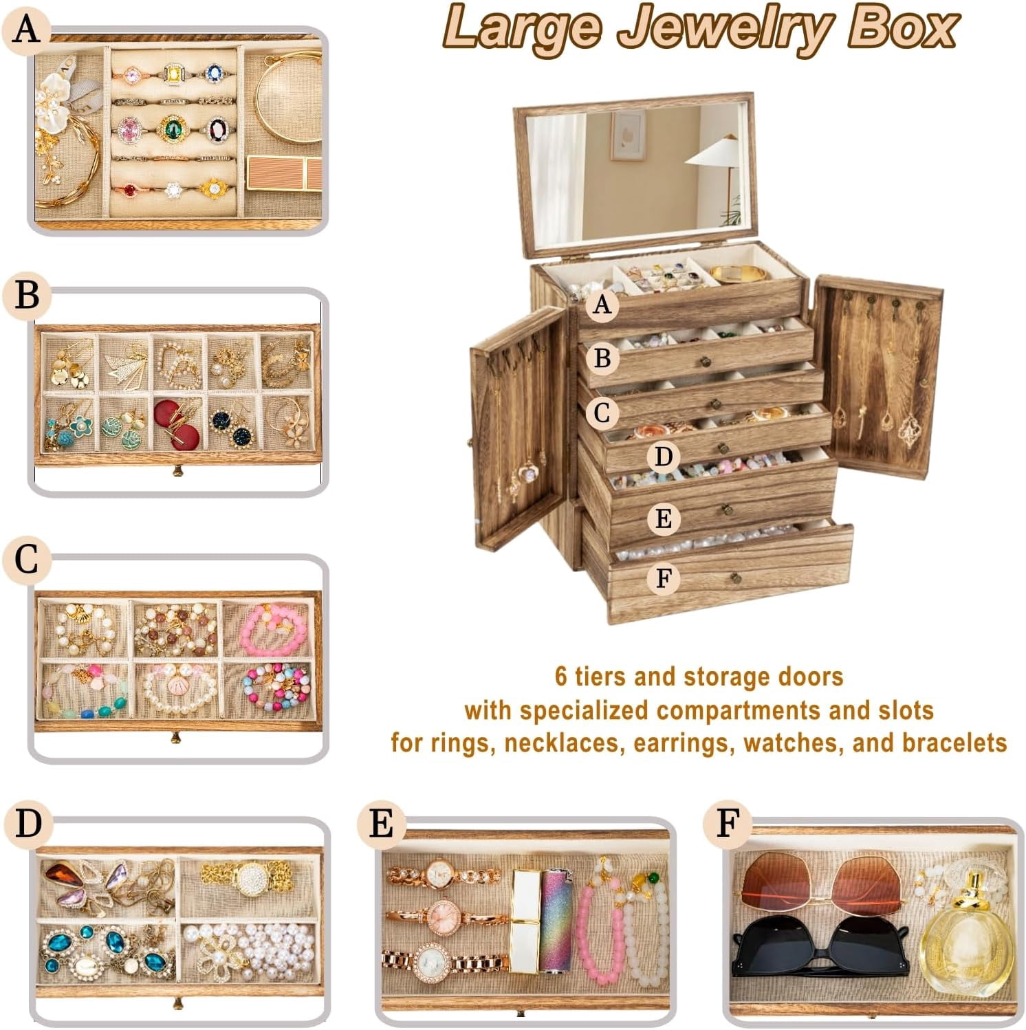 Sfugno Jewelry Box,  6-Tier Large Wooden Jewelry Organizer Boxes for Women, Wood jewlery Storage Display for Rings Earrings Necklaces,Brown