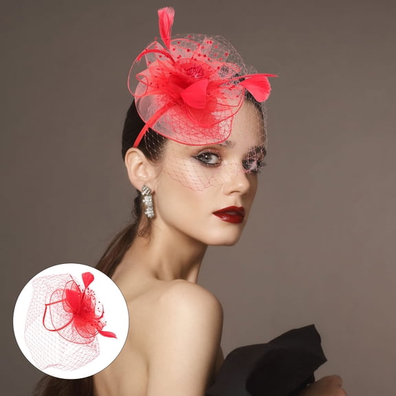 OUNONA Red Cocktail Veil Hat for Women Tea Party Fashion Fascinator Headband with Plume and Gauze