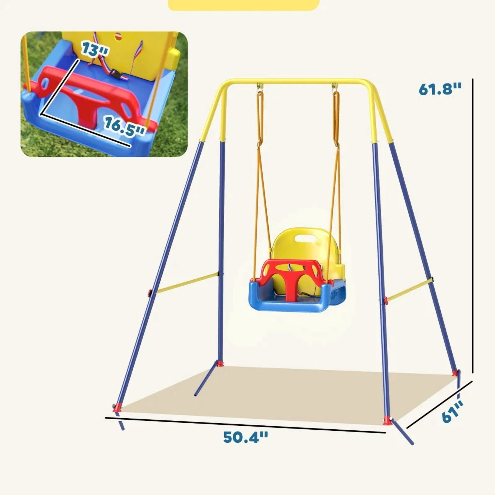 Folding 3-in-1 Toddler Swing Set, Adjustable Height Metal Swing with A-Frame, Anti-Slip Base & Safety Belt, Rust-Resistant for Indoor Outdoor Use, Ages 9 Months to 8 Years