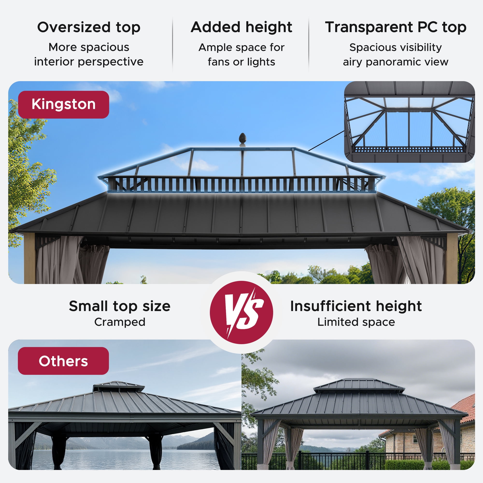 SUNJOY Kingston 16x12 Gazebo, Steel & PC Roof Hardtop Gazebo with Curtain and Netting - Cedar Posts