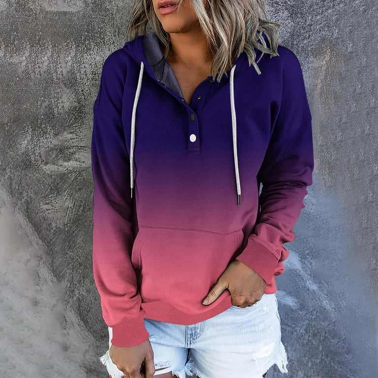 HAPIMO Sales Sweatshirt for Women Long Sleeve Floral Graphic Print  Sweatshirt Pocket Drawstring Gradient Casual Button V-Neck Pullover Tops  Teen Girls