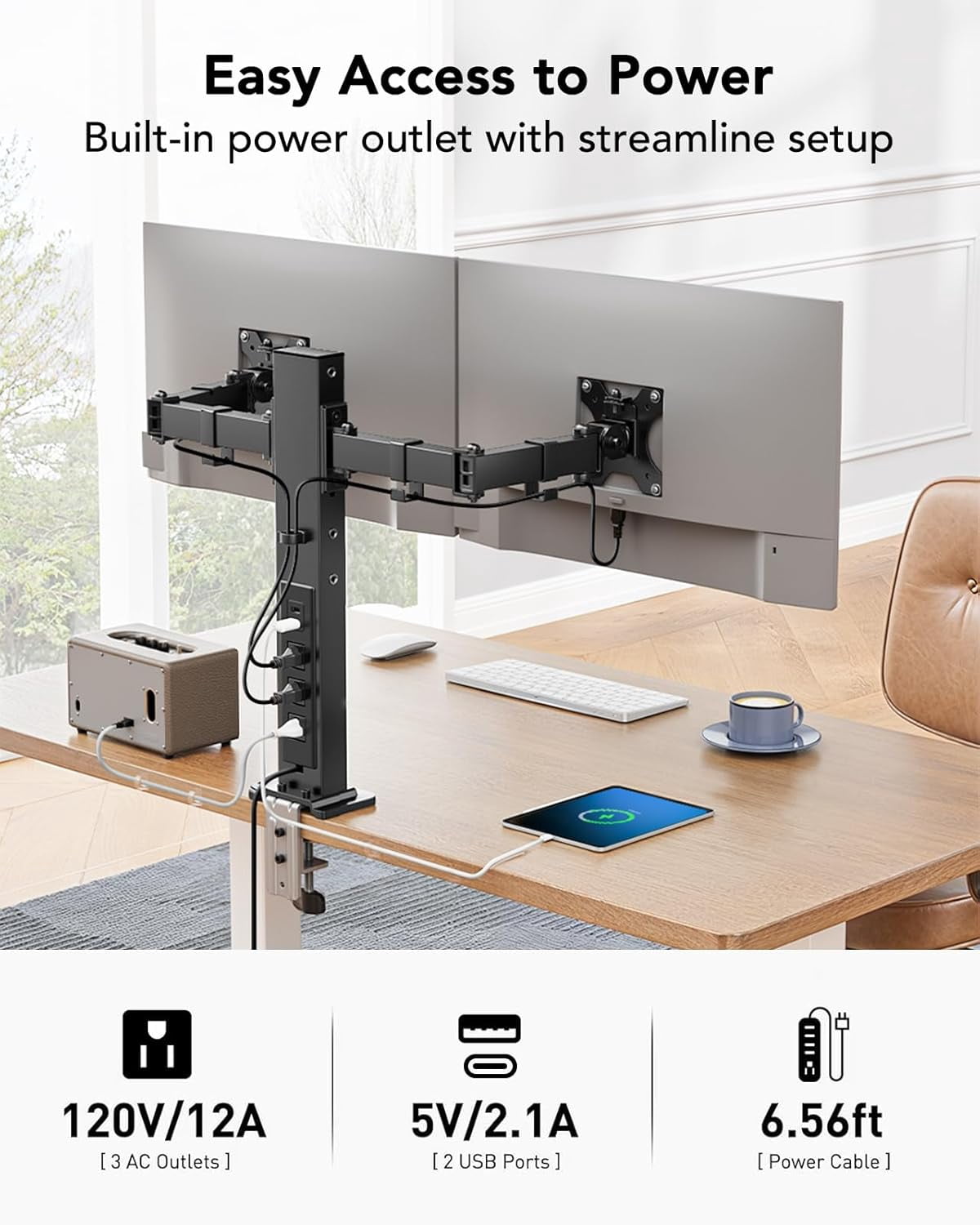 Dual Monitor Stand with Power Outlet, Full Motion Double Monitor Mount for 13-32 Inch Screens