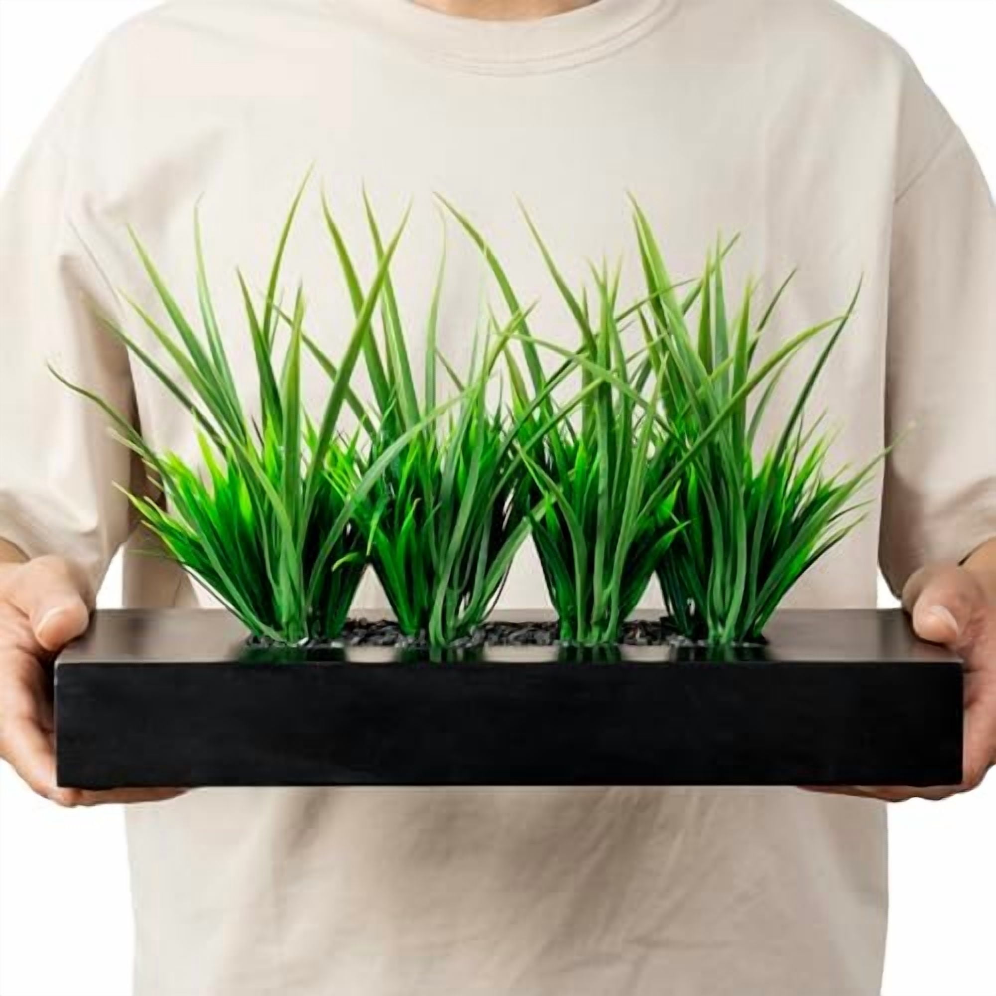 Large Artificial Green Grass Plants Potted in 14-Inch Matte Black Wood Decorative Planter, Tabletop Faux Greenery in Wooden Rectangular Pot Centerpiece Décor