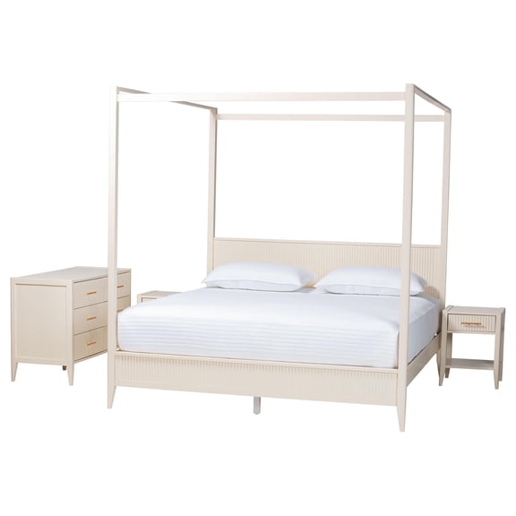 Baxton Studio Primrose Ivory Fluted Wood King Size 4-Piece Canopy Bedroom Set