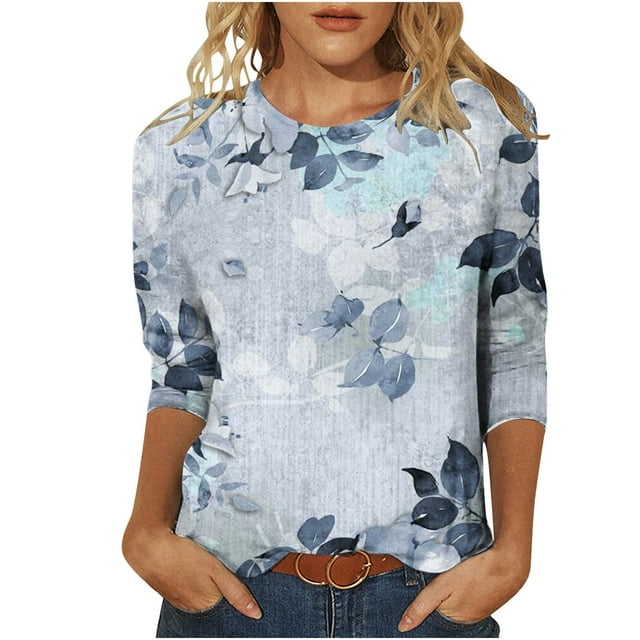 KIHOUT Chemises de Printemps pour Femme T-shirt Ample Imprimé pour Dames Blouse à Manches 3/4 Col Rond Hauts Décontractés