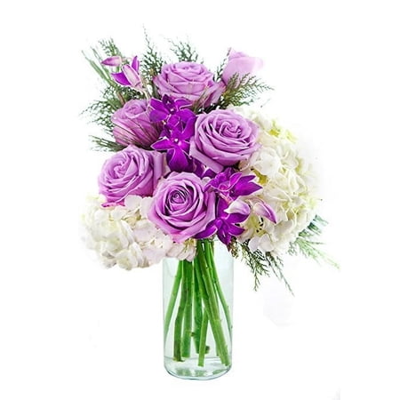 KaBloom :Bouquet of Purple Roses White Hydrangea Purple Orchids and Greens with Vase. KaBloom :Bouquet of Purple Roses White Hydrangea Purple Orchids and Greens with Vase.