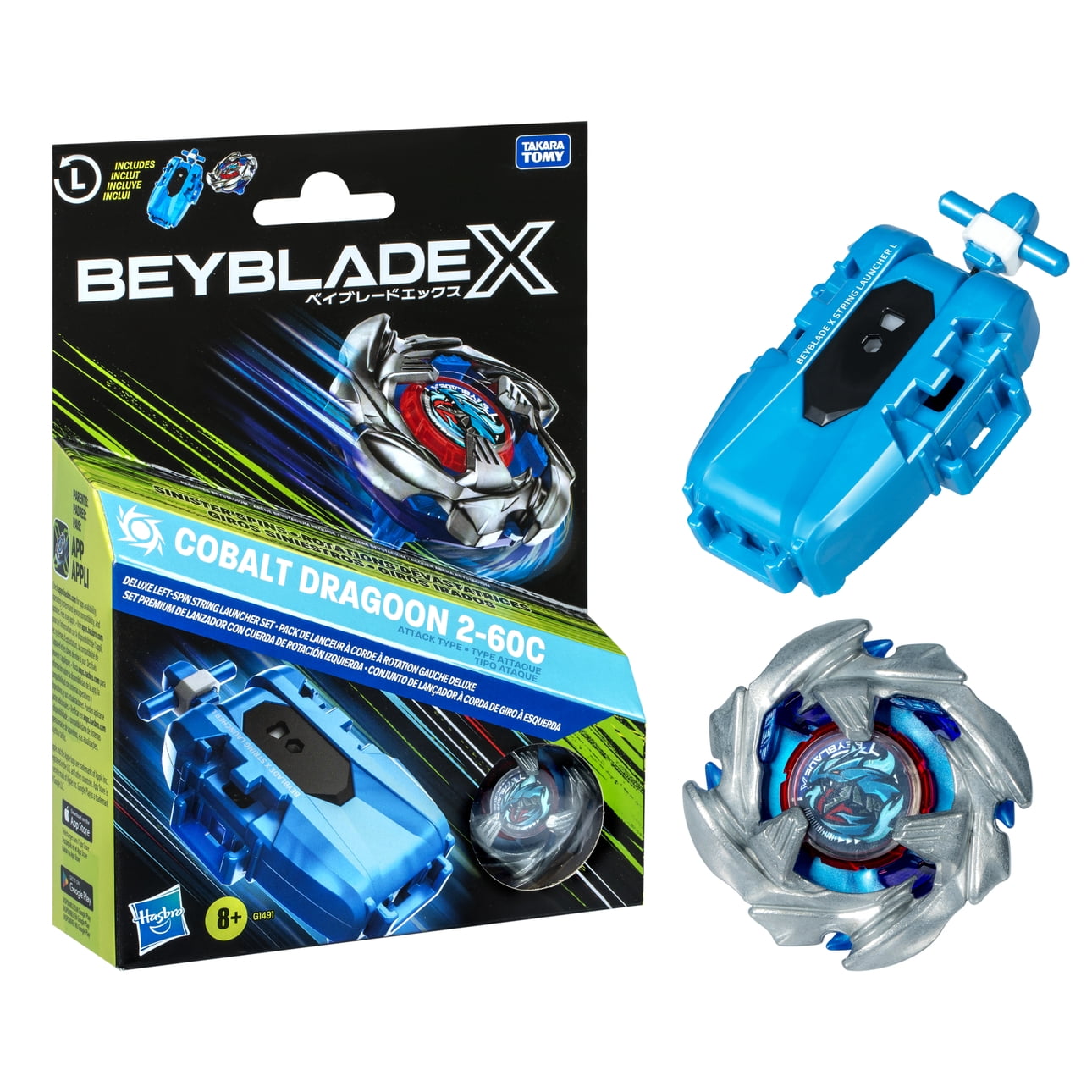 Beyblade X Cobalt Dragoon 2-60C Blue Deluxe Left-Spin String Launcher Set with Left-Spinning Top Toy