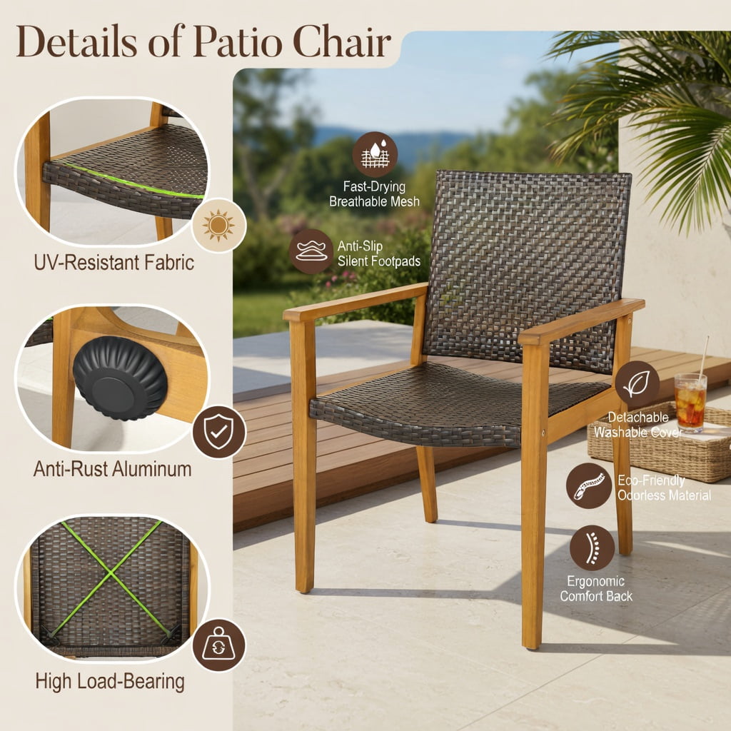 Hommoo Set of 4 Outdoor Rattan Dining Chairs with Natural Acacia Wood Frames, Weather-Resistant PE Wicker, Sturdy X-Frame Design, Ideal for Patio, Backyard, Poolside & Balcony, Brown