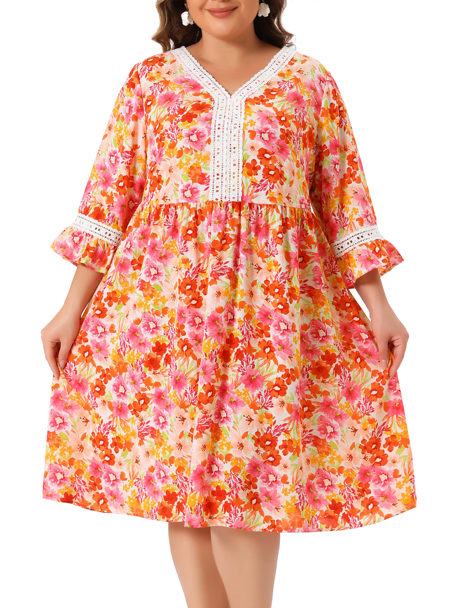 DARING DIVA Plus Size 3/4 Sleeve Lace Hollow Ruffle Midi Flare Dress 2X Orange