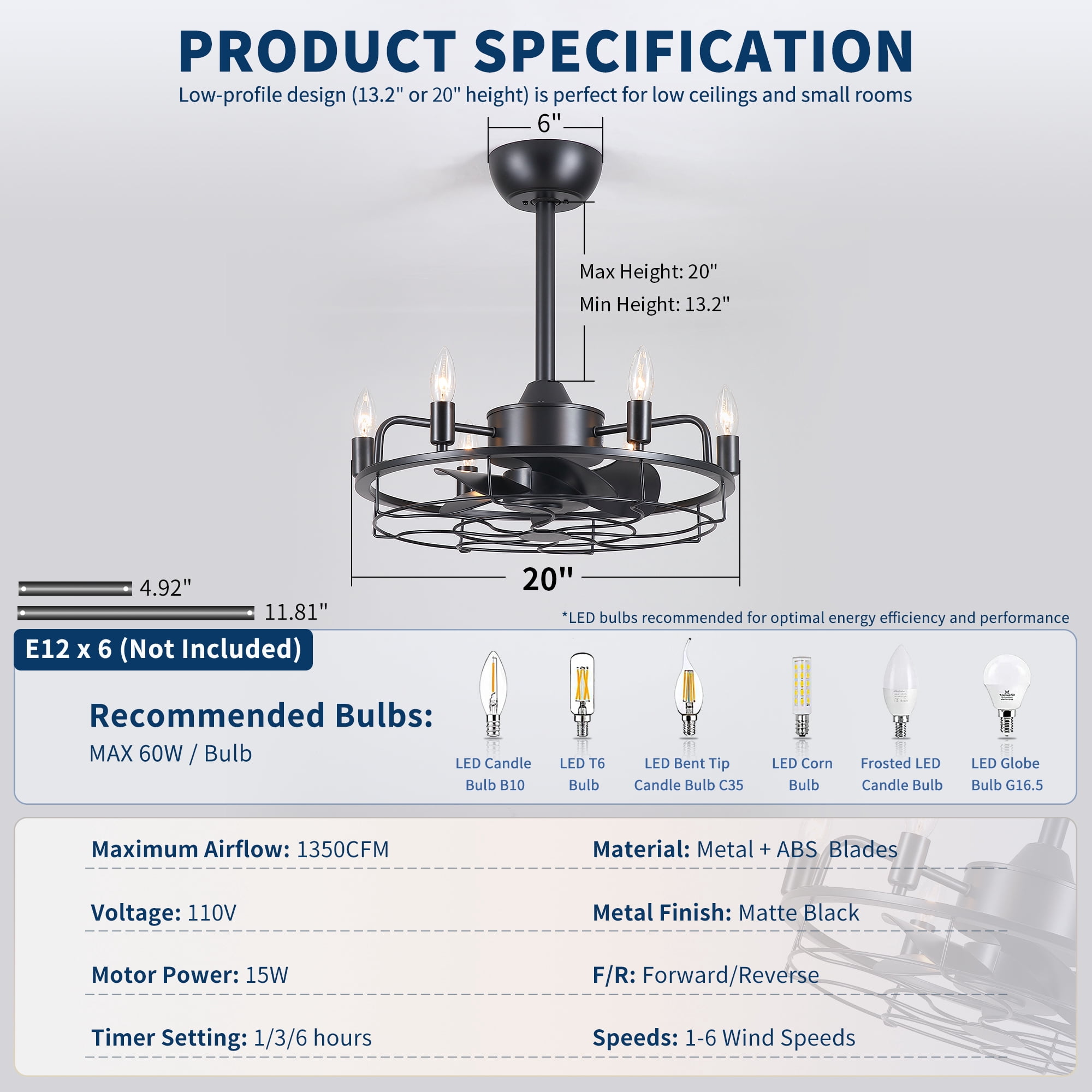 Leumius 20" Industrial Ceiling Fan with Lights, Farmhouse Fandelier with 6 E12 Sockets, Reversible DC Motor, 6 Speeds Remote Control Ceiling Fan for Dining Room Kitchen Bedroom Matte Black