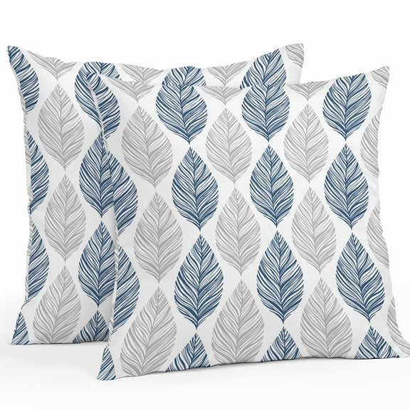 Outdoor Pillow Covers 16 x 16 Inches, Navy Blue Grey Leaves Waterproof Throw Pillow Cover Set of 2, Summer Tropical Plant Aesthetics Decorative Square Cushion Covers for Patio/Tent/Couch/Garden