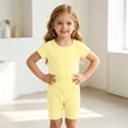 thumbnail image 3 of Juorvia Girls Summer Outfits 2pc Toddler Knitted Ribbed Classic Fitted Crew Neck T-Shirts High Waist Shorts(18-19 Months,Yellow), 3 of 6