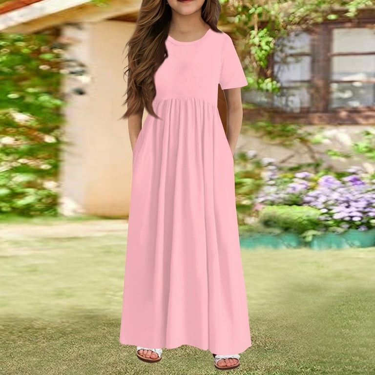 XADYUY Girls Beach Dress Casual Gradient Short Sleeve Girls Long Dresses  Cute Crew Neck Sundresses Beach Swing Skirt with Pockets 13-14 Years,Light  ...