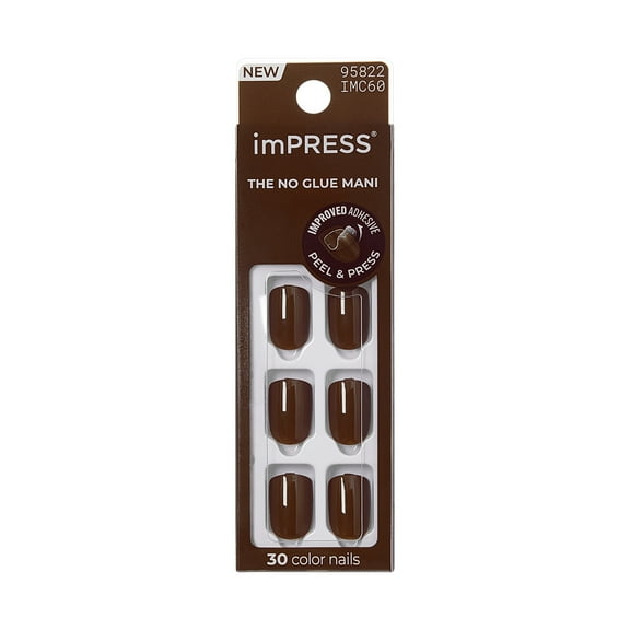 KISS imPRESS Color Press on Nails, Sensational, Brown, Short Square Oval, 30 Count