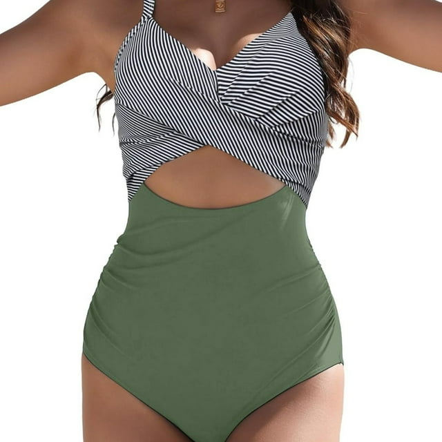 LOVEVER Women‘s One-Piece Swimsuit - Tummy Control High-Waisted Bathing suit Full Coverage Swimwear with Deep V-Neck & Twisted Front Non-Slip Grip - Stretchy Swim Suit for Beach Pool