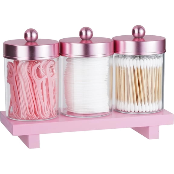 ABCISI 3 Pack Holder Apothecary Jars with Lids, Bathroom Organizers and Wooden Waterproof Tray for Cotton Balls, Swabs, Floss Picks, Hair Ties, Clear Vintage Bathroom Decor Jar Set (Pink)