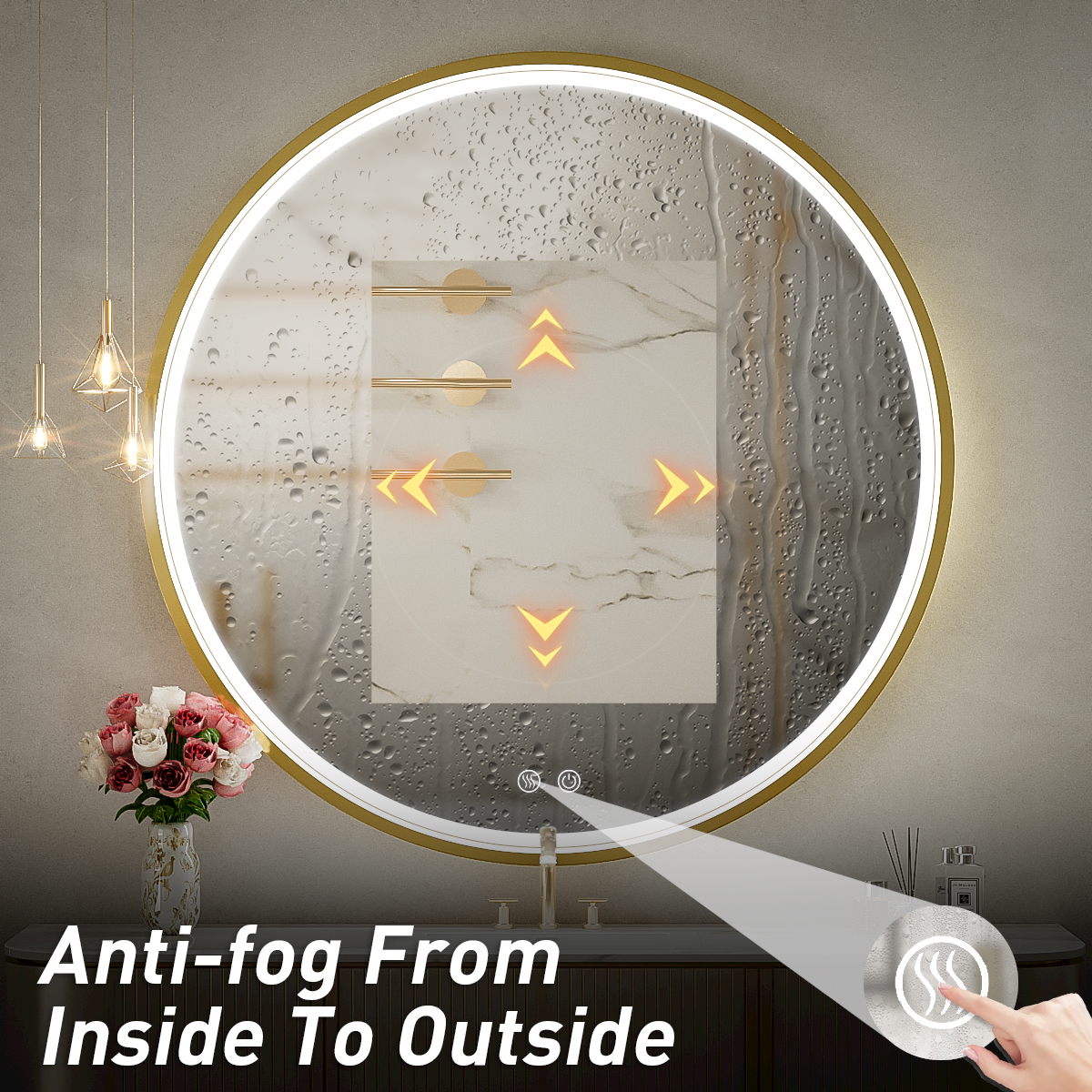 FTOTI 32" Round Gold LED Bathroom Mirror - Anti-Fog, Dimmable Touch, IP54 Waterproof, 90+ CRI, Wall Mounted