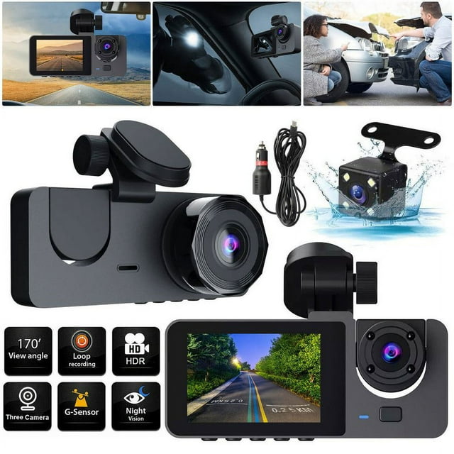 Y15 Car D Dash Cam 3 Cameras Ips Hd 1080p Wide Angle Video Recorder G-sensor Motion Detection Camcorder Black