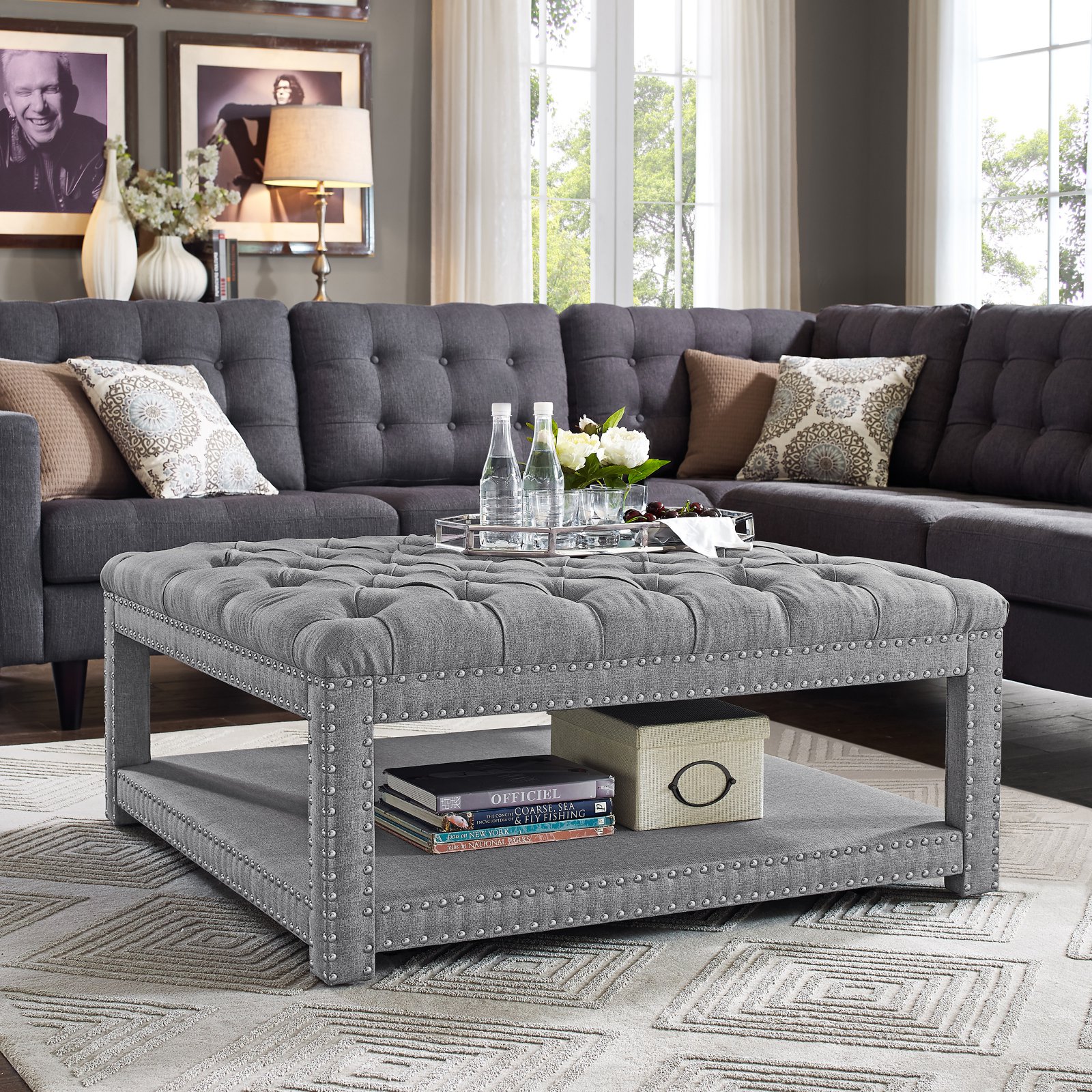Right2Home Modern Nailhead Tufted Cocktail Ottoman