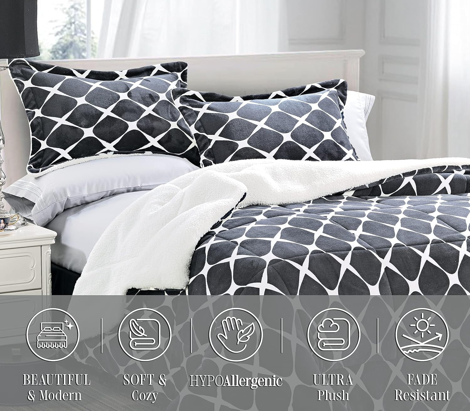 Elegant Comfort 3-Piece Luna Ogee Pattern Collection, Reversible Sherpa Comforter, Soft, Breathable & comfy Fabric, High Quality Micro-Suede, Ogee Pattern Sherpa Comforter, King, Charcoal Gray