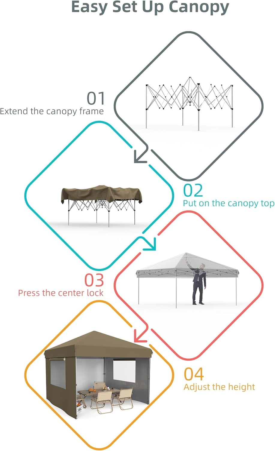 10x10 Pop Up Canopy with 3 Side Walls,Beach Tent with One Push Setup,Outdoor Sun Shade for Events,Parties,Camping,Gazebo with 1 Roller Bag,3 Adjustable Height,4 Weight Bags