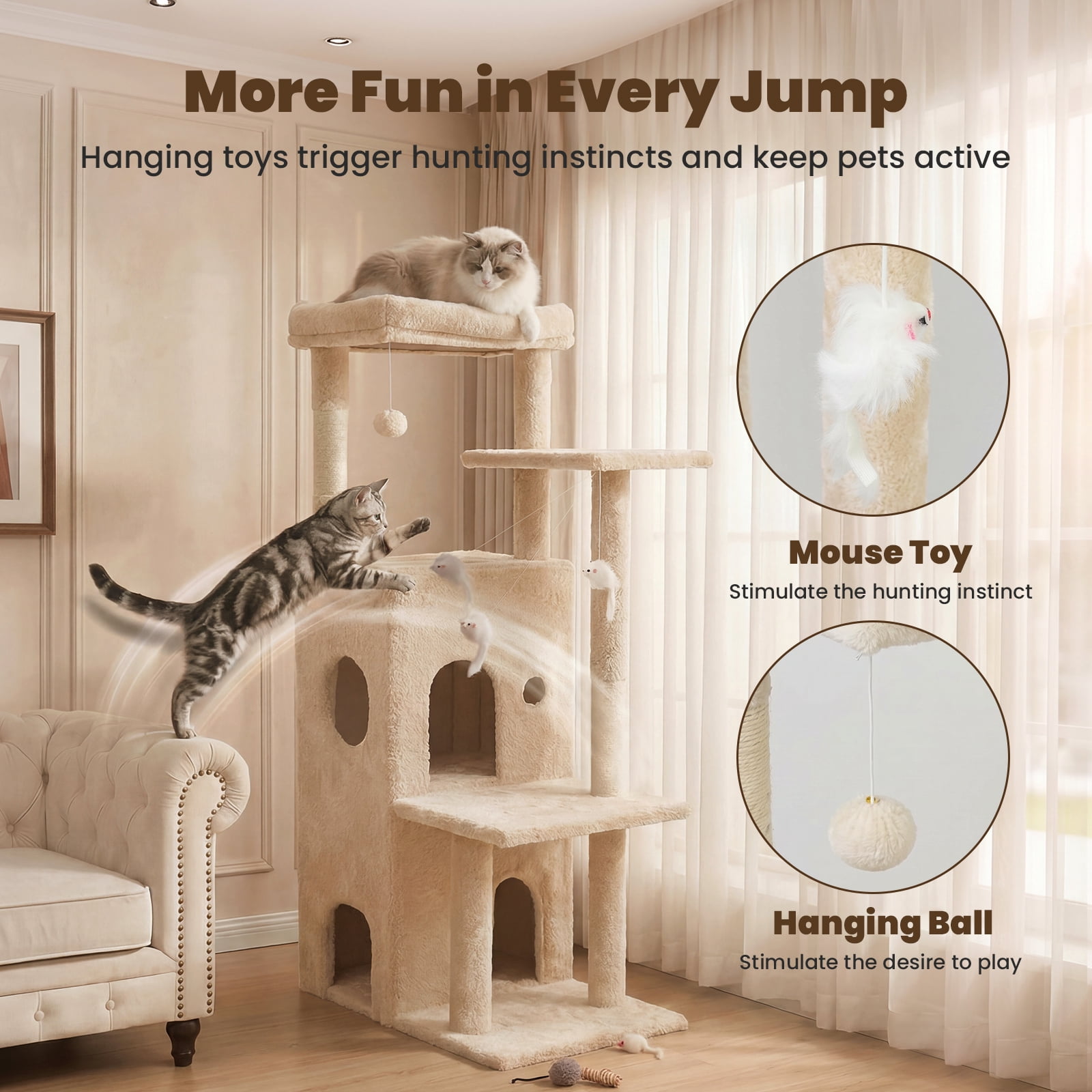 50-inch Large Cat Tree for Adult Cats, Multi-Level Cat Condo with 2 Cozy Caves, Steps, Sisal Scratching Posts & Toys, Beige