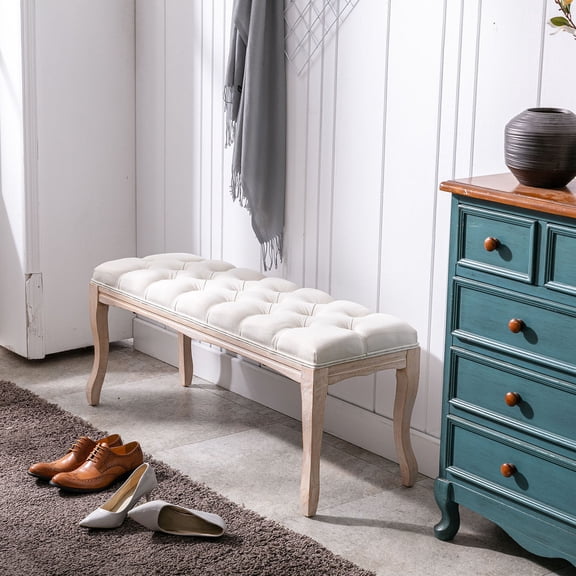 S-HOME Upholstered End of Bed Bench in Design with Carving, Linen Material, Perfect for Foyer,Beige