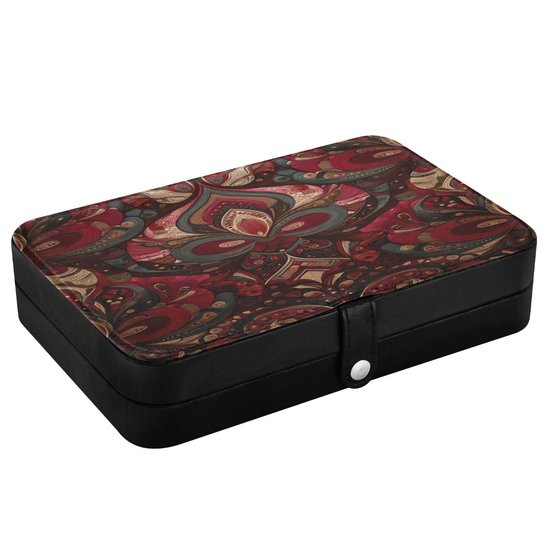 Leather Jewelry Box Rectangular 8.27x5.5x1.78In Travel Jewelry Storage Earrings Necklace Bracelet Watch Brooch Storage Red Pattern Seamless