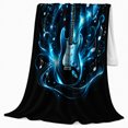 thumbnail image 2 of Blue Electric Guitar with Treble Swirls, Dynamic Graphic Style for Guitar Lovers, Neon Rock Melody and Father's Day Gift, Soft Flannel Blanket for Music Room and Bedroom, Home Decor, 2 of 9