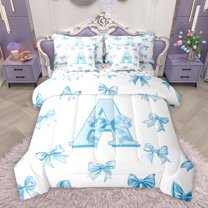 Homewish Cartoon Monogrammed A Bedding Comforter Set 7pcs for Teens, Watercolor Bow-tie Queen Bedding Sets, Blue Kawaii Letter Reversible Queen Sheet Sets, Ultra Soft Bedroom Decor