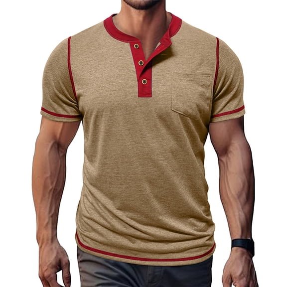 Men's Retro Henley Shirts Short Sleeve T Shirt for Man with Pocket Relaxed Summer Casual Classic Half Button Shirt